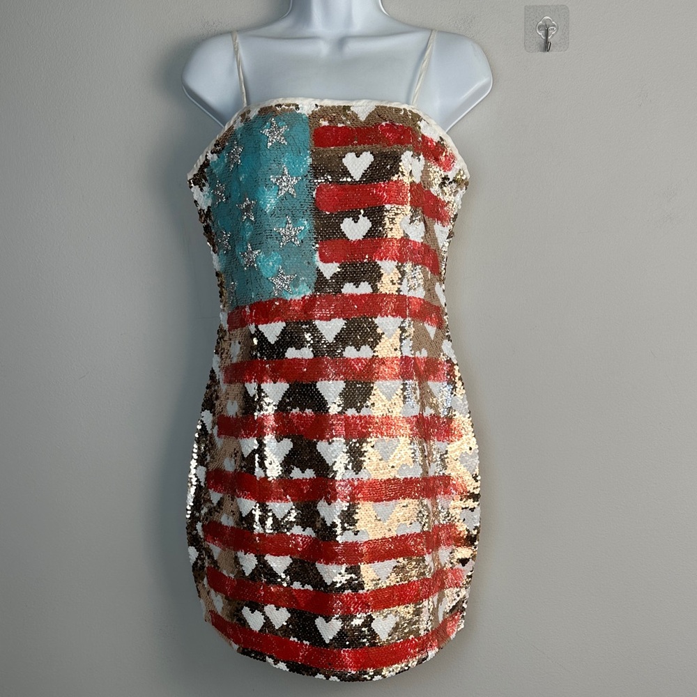 Judith March American Flag Sequins Mini Dress Patriotic Beaded Stars Medium - Picture 3 of 16